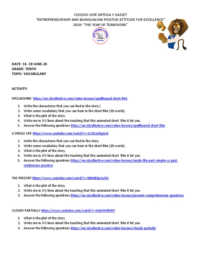 Vocabulary Activities for Animated Shorts | PDF | Language Arts ...