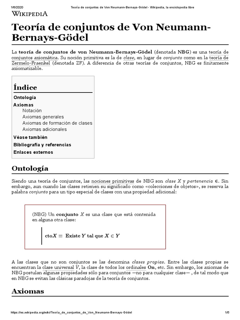 Teoría de Conjuntos de Von NeumannBernaysGödel PDF Conjunto