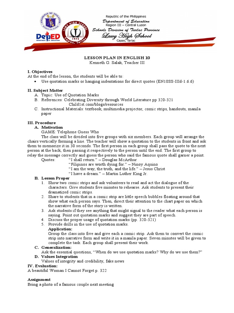 Quotation Marks Lesson Plan for English 10 | PDF | Quotation Mark ...