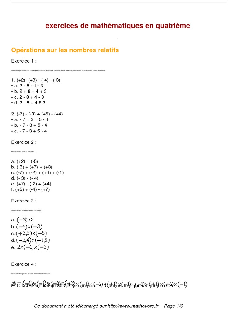 Exercices Fractions 4ème Avec Corrigés Pdf Exercices Operations Sur Les Nombres Relatifs Maths Quatrieme 525 PDF | PDF  | Nombre | Enseignement des mathématiques