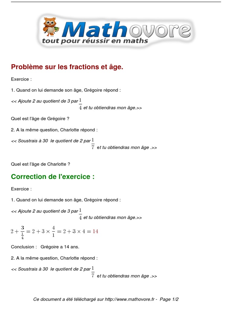 Exercices Fractions 4ème Pdf Corrigés Exercices Probleme Sur Les Fractions Et Age Maths Quatrieme 467 | PDF