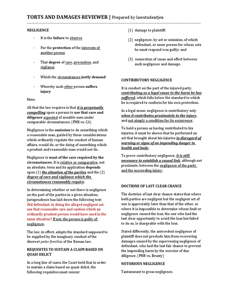 Torts and Damages Overview | PDF | Negligence | Damages