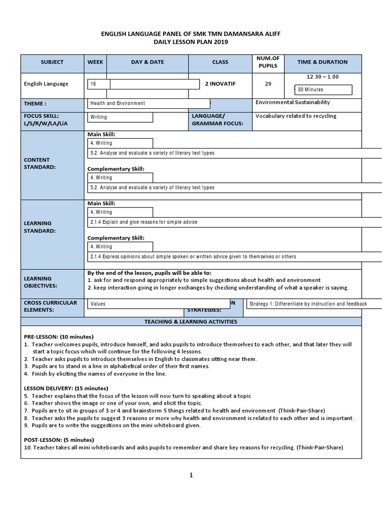 Form 2 English Lesson Plan: Environment | PDF | Lesson Plan | Teachers