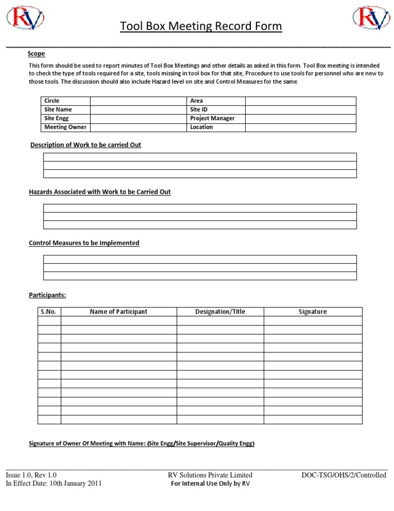Tool Box Meeting Form PDF