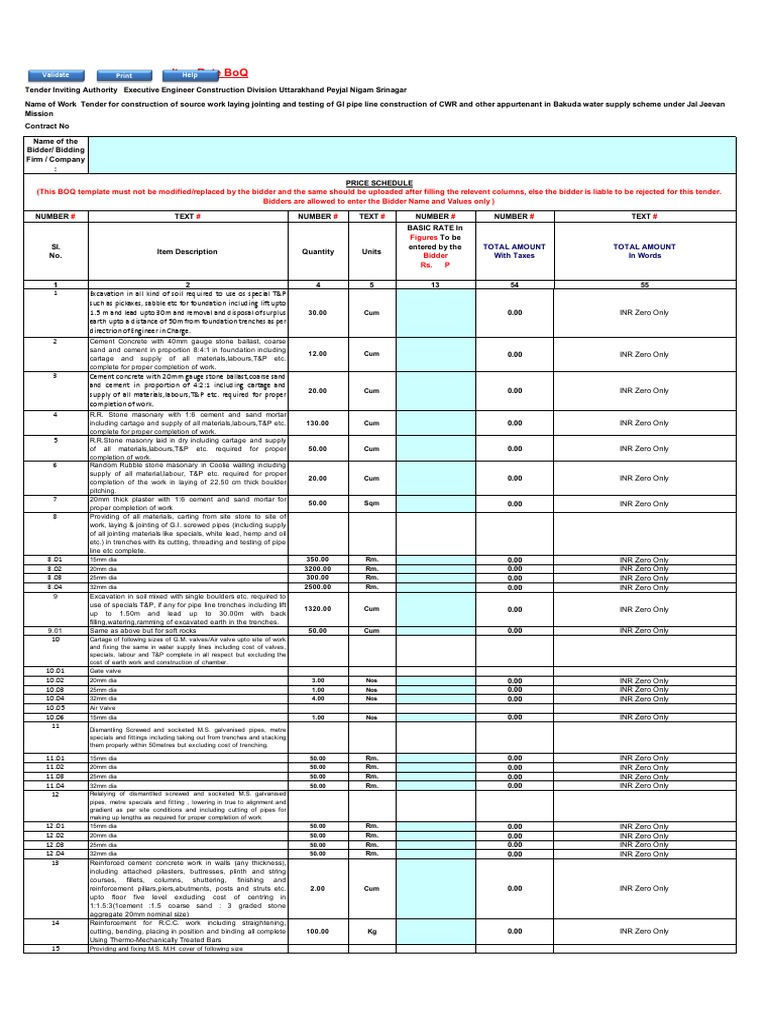 Item Rate Boq: Validate Print Help | PDF | Masonry | Concrete