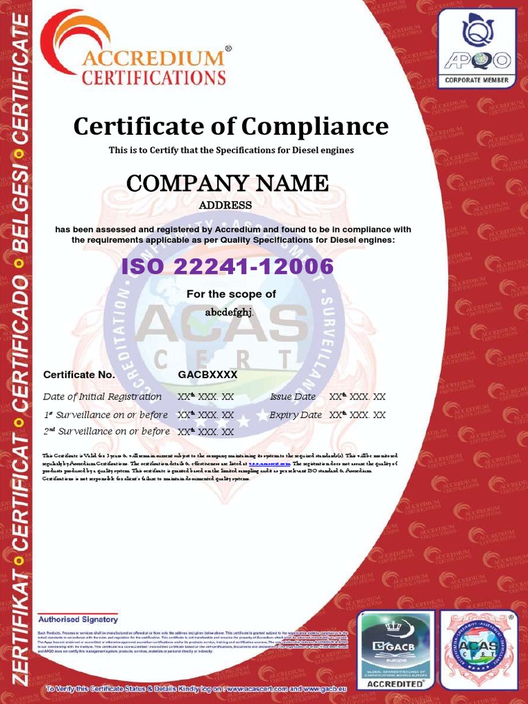 ISO 22241 Compliance Certificate | PDF | Finance & Money Management ...