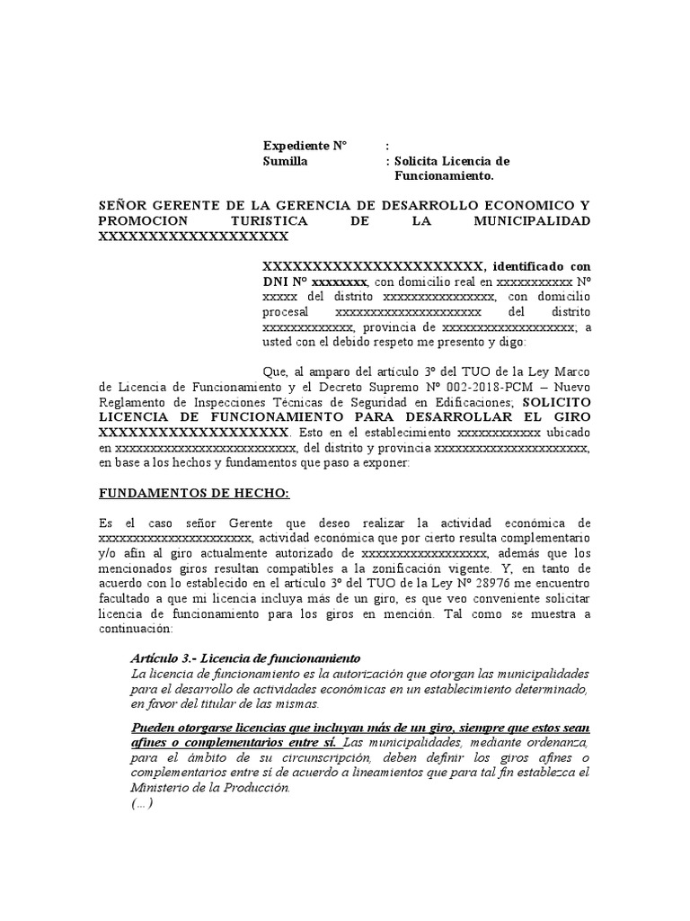 Modelo de Solicitud de Licencia de Funcionamiento | PDF | Gobierno ...