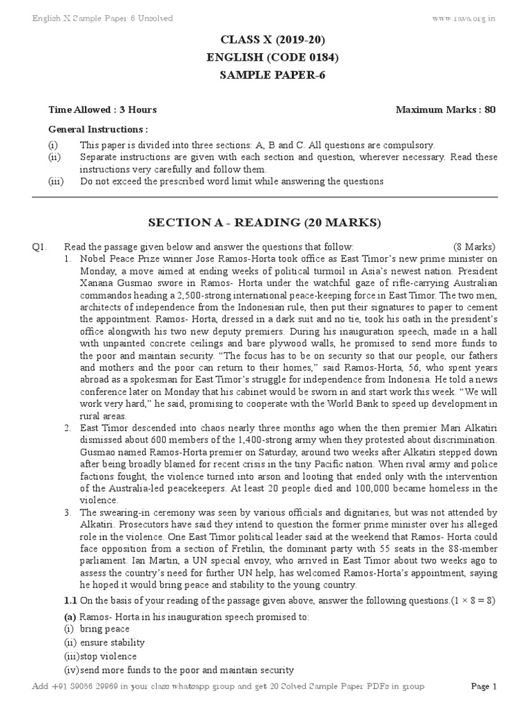 Class 10 English Board 2020 Sample Paper PDF Nature