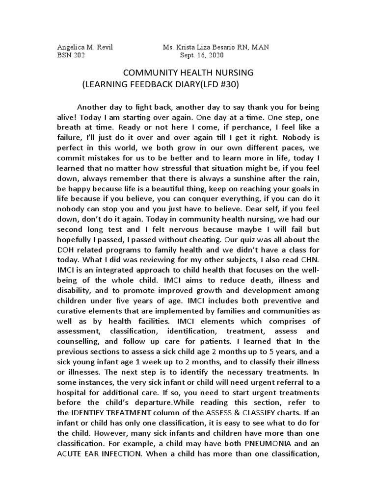 Community health nursing learning feedback diary lfd 30 pdf