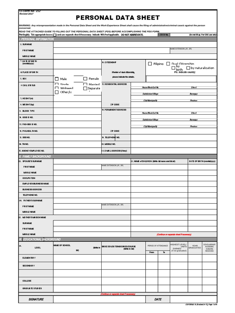 Cs form no 212 personal data sheet revised pdf passport crime 