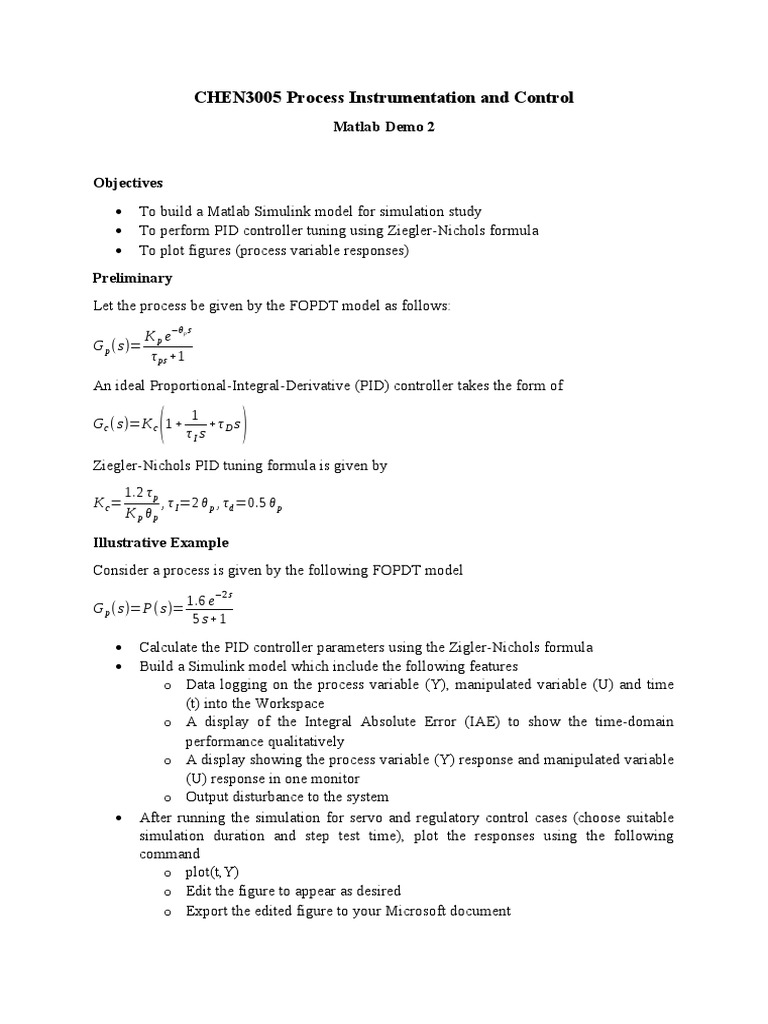 CHEN3005 Process Instrumentation and Control: Matlab Demo 2 | PDF