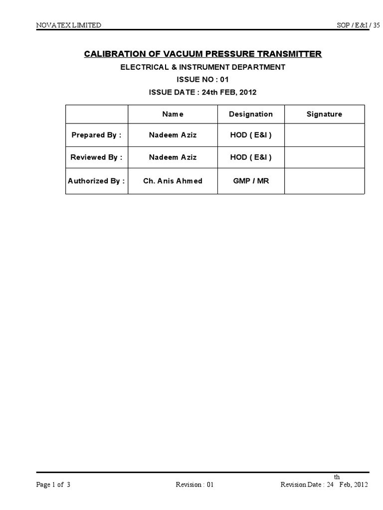 Sop-35 Calibration of Vacuum Pressure Transmitter | PDF | Calibration ...