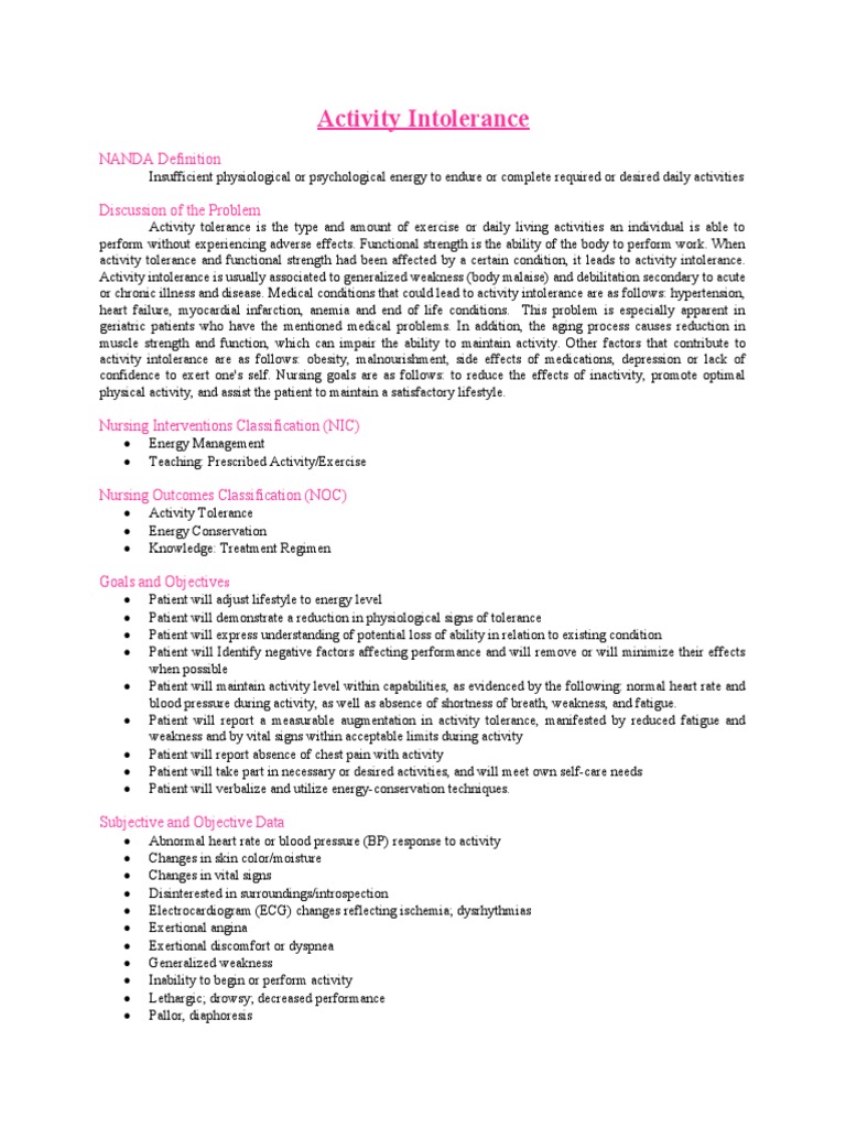 Activity Intolerance: NANDA Definition Discussion of The Problem | PDF ...
