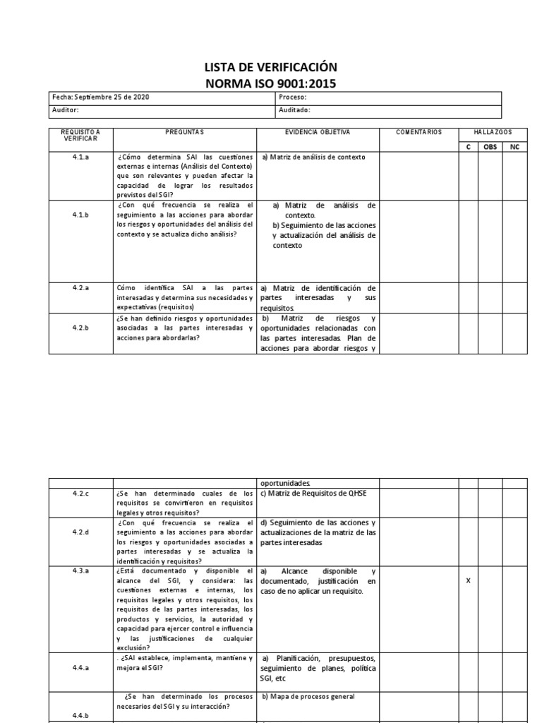 Lista de Verificación ISO 9001:2015 | PDF | Calidad (comercial) | Diseño