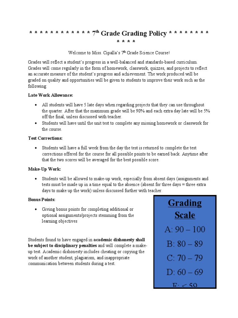 7th Grade Science Grading Policy | PDF | Homework | Academic Dishonesty