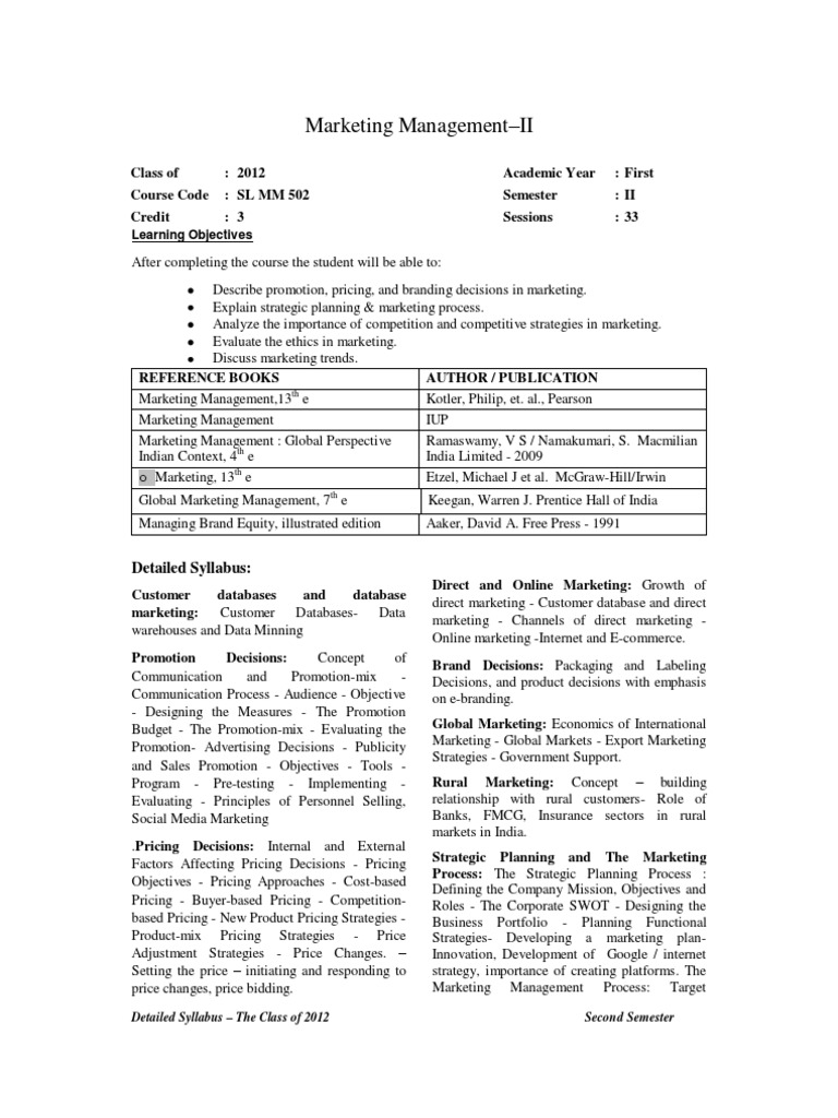 Marketing Management Syllabus II | PDF | Strategic Management | Marketing