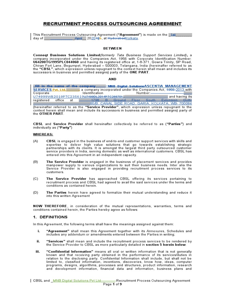 Recruitment Process Outsourcing Agreement - Template | PDF ...