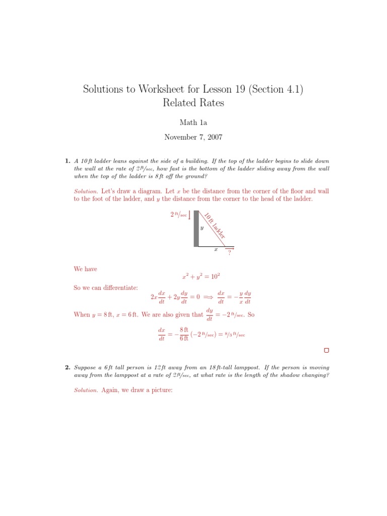 Lesson 19: Related Rates Worksheet Solutions | Geometry | Mathematical