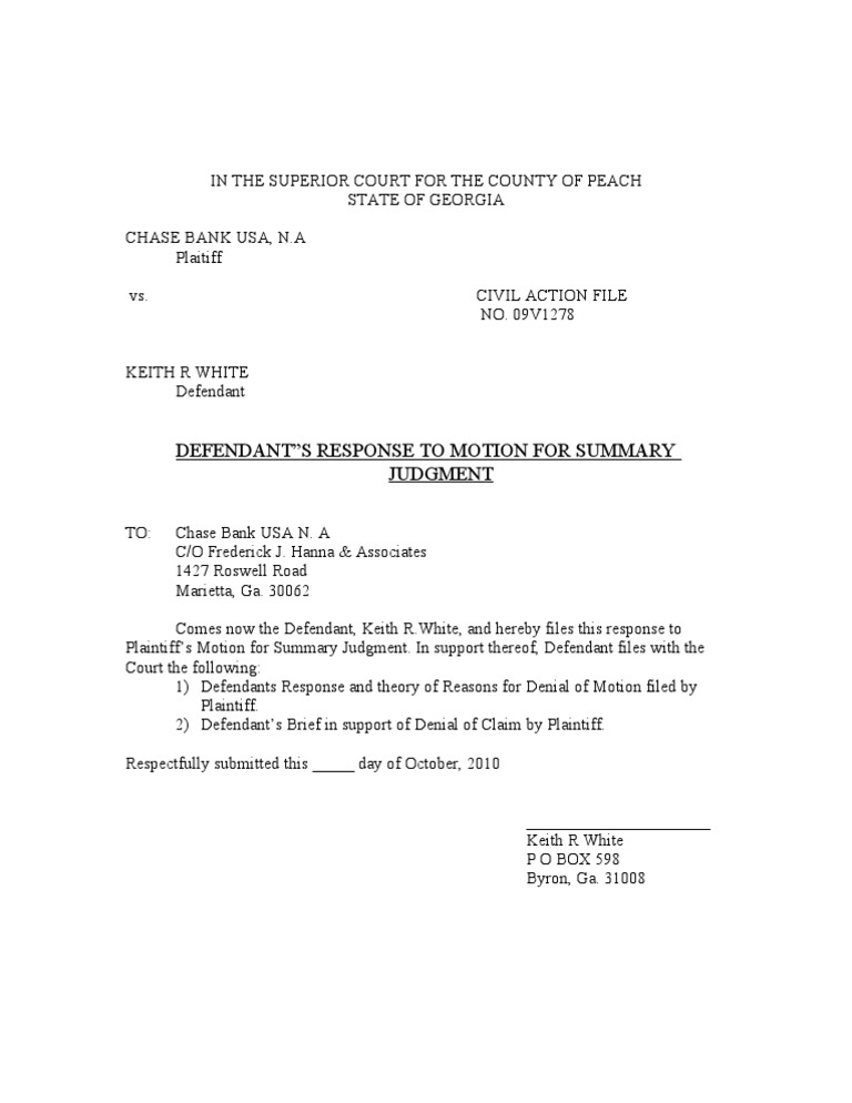 DEFENDANTS REsponse To Motion For Summary Judgement