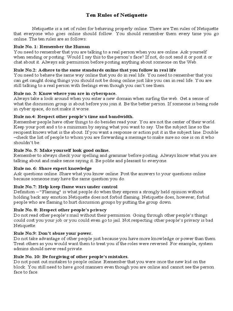 Ten Rules of Netiquette | PDF | Privacy | Cyberspace