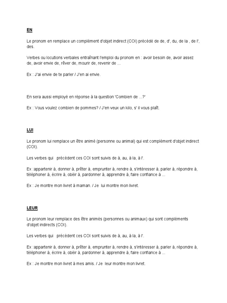 Pronoms en, lui, leur et y en français | PDF