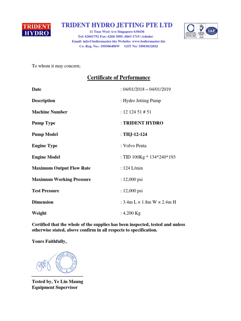 Trident Hydro Jetting Pte LTD: Certificate of Performance | PDF