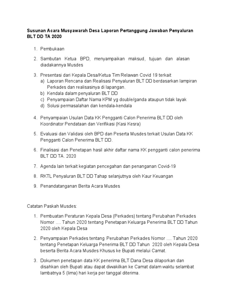 Susunan Acara Musdes Penyaluran BLT DD | PDF