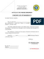 Certificate of Residency: Office of The Punong Barangay