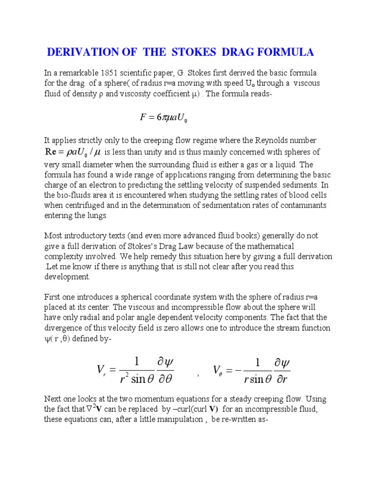 Derivation of Stokes Drag Formula | PDF | Drag (Physics) | Fluid Dynamics
