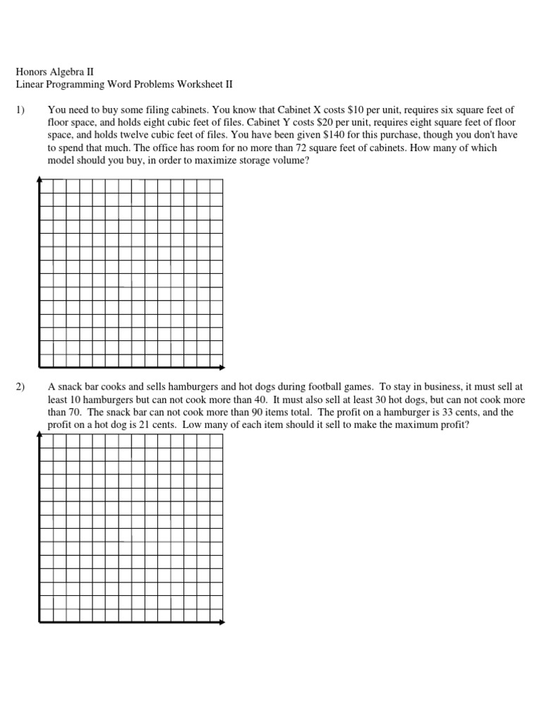 Linear Programming WS II  PDF  Mathematical Optimization  Volume With Algebra 2 Word Problems Worksheet