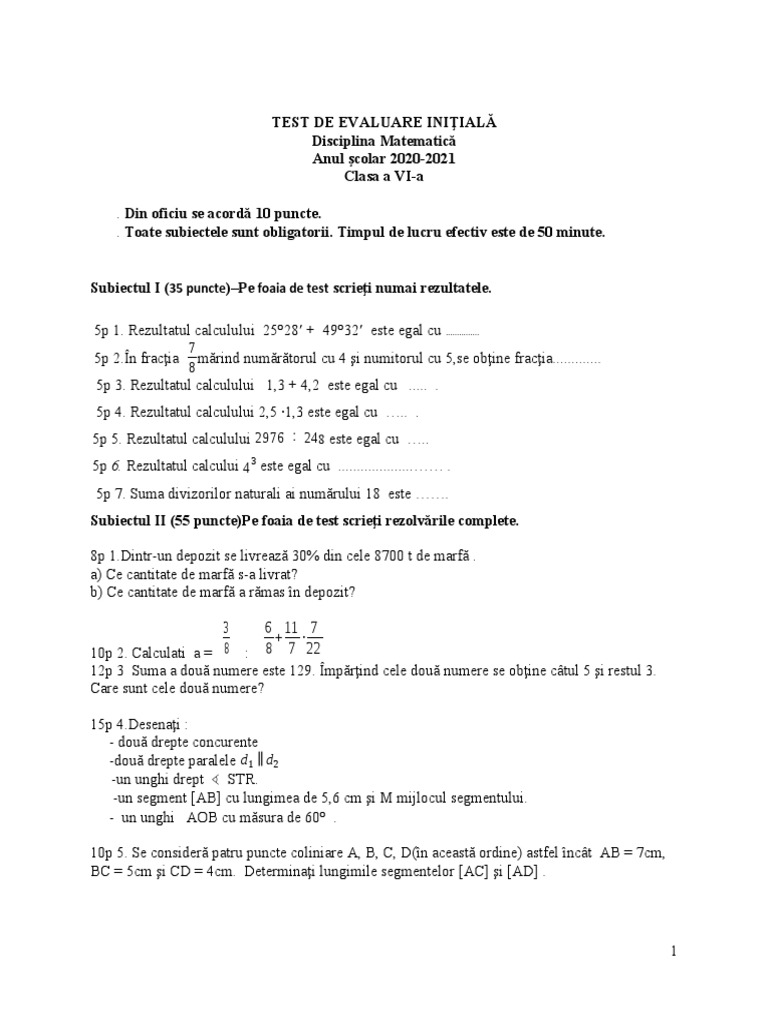 1 Test Initial Clasa A Via | PDF