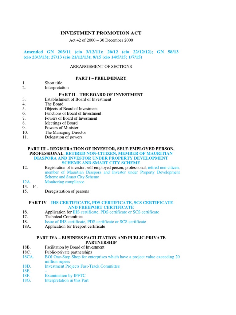 Investment Promotion Act 2015 PDF Pension Mauritius
