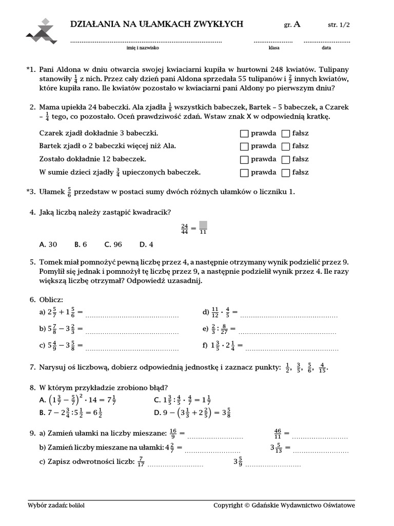 Działania Na Ułamkach Zwykłych I Dziesiętnych Klasa 6 Sprawdzian Pdf Sprawdzian Z Matematyki Klasa 6 Ulamki Zwykle Do Wydrukowania Wiedza 1