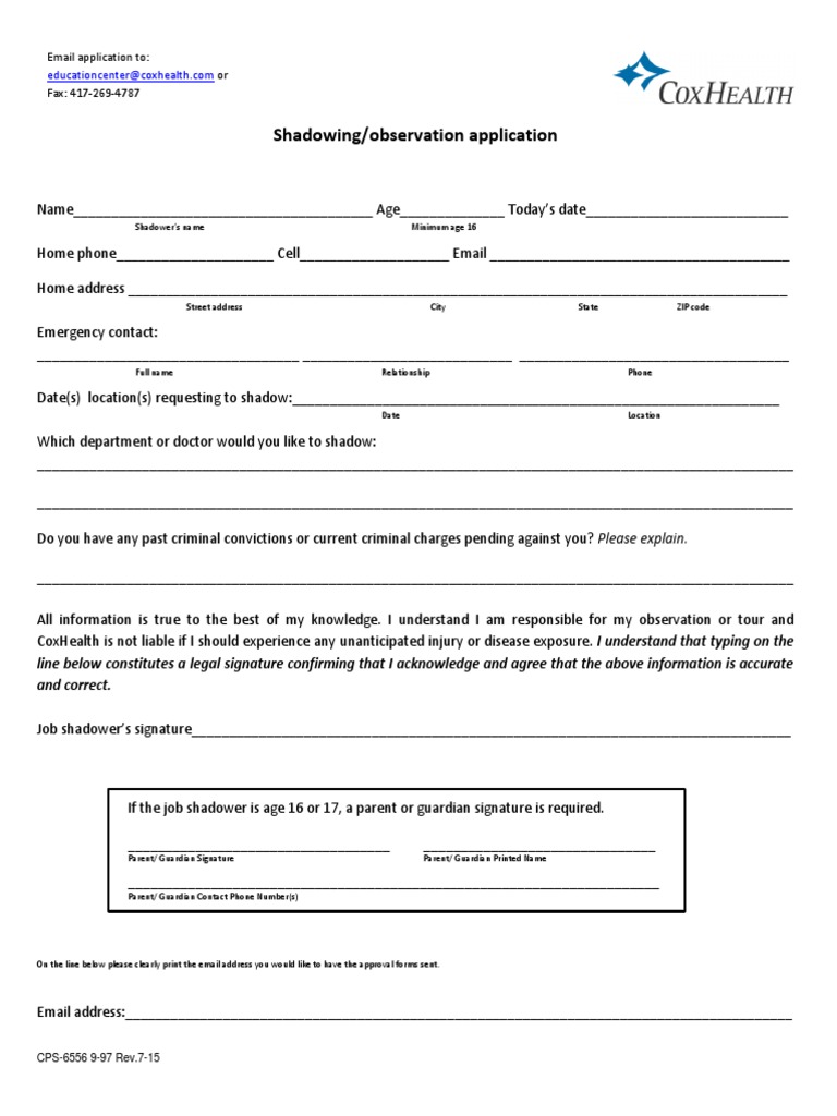 CoxHealth Shadowing Application Form | PDF | Medical Record ...