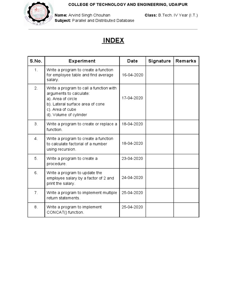 Index: S.No. Experiment Date Signature Remarks | PDF | Subroutine | Area