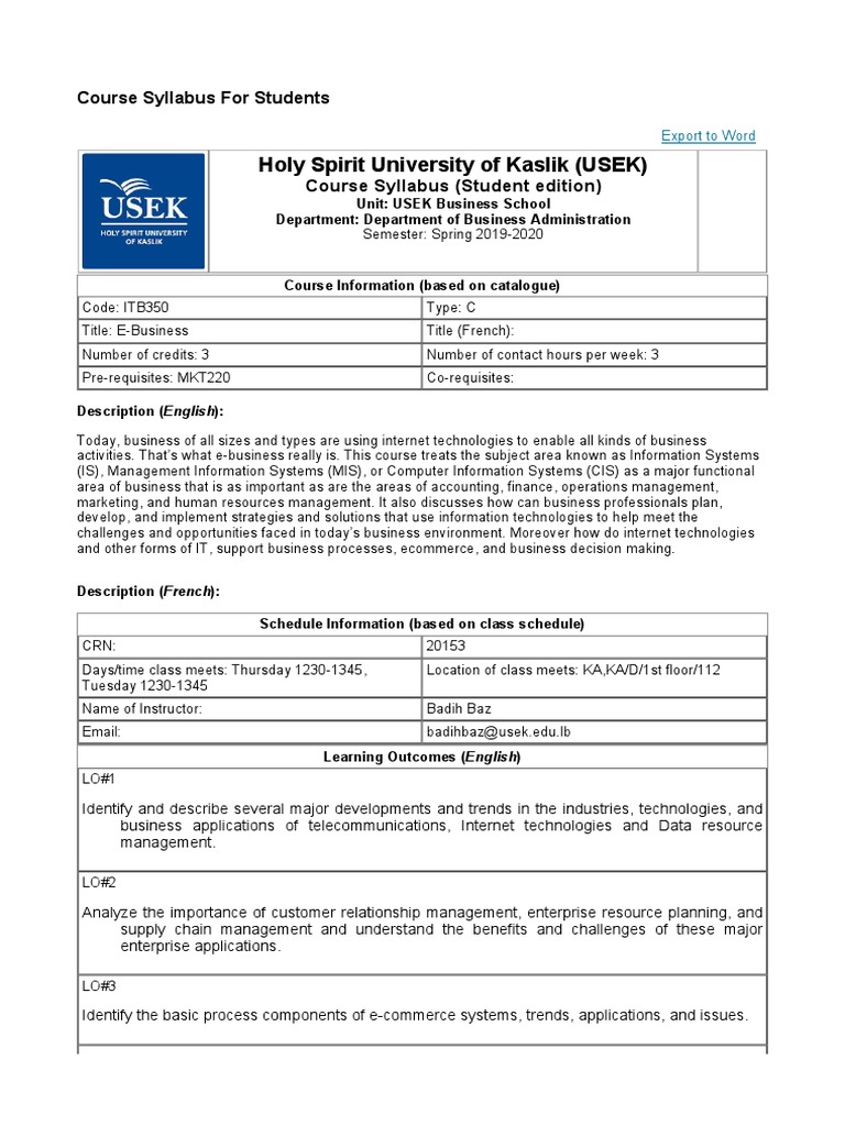 Holy Spirit University of Kaslik (USEK) : Course Syllabus (Student ...