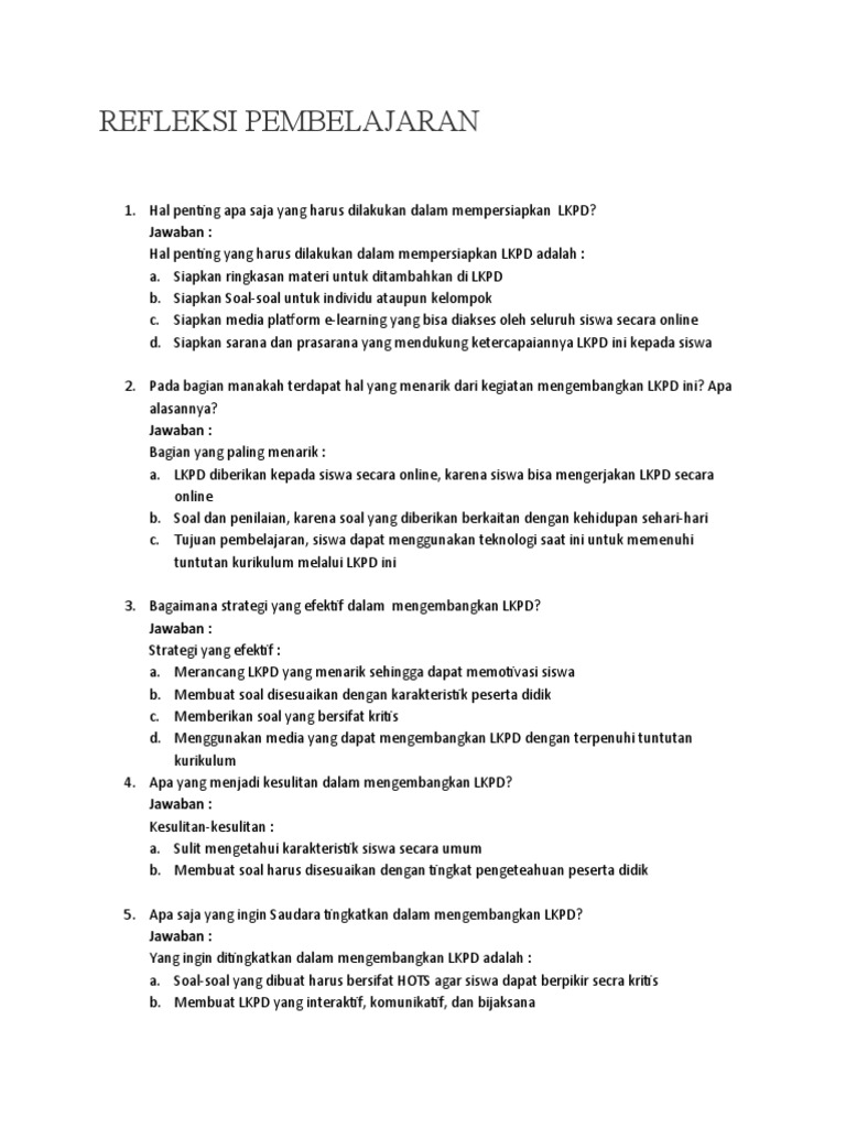Refleksi Pembelajaran Lkpd Ppd 2020 Docx