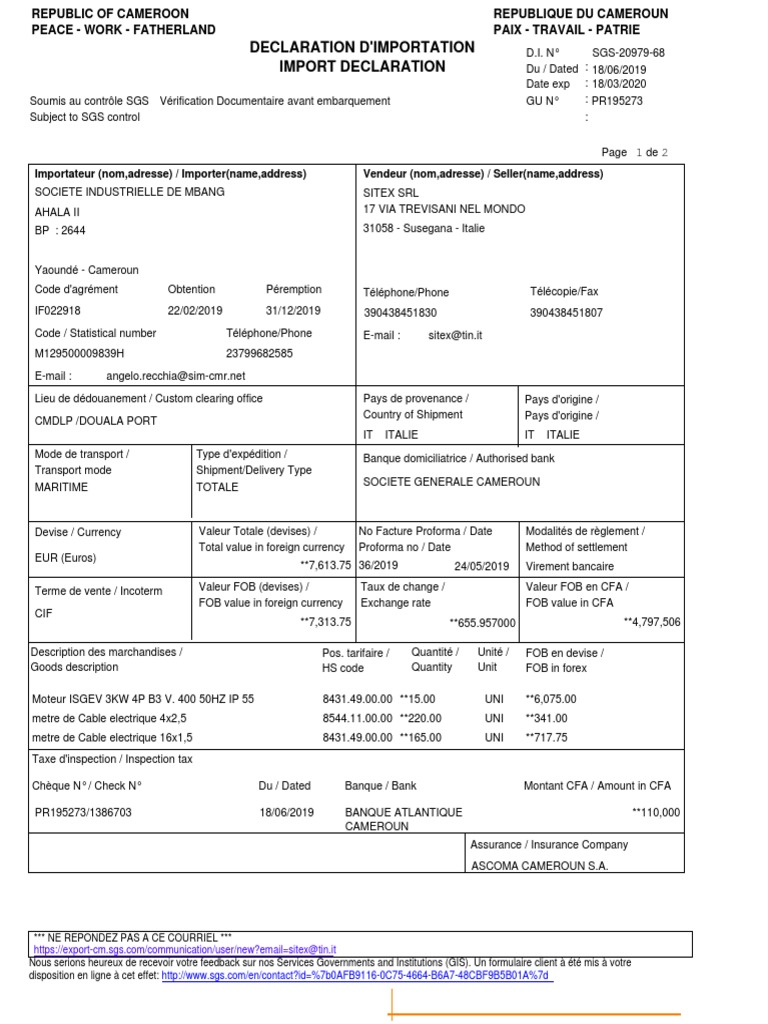 Déclaration d'importation SGS Cameroun | PDF | Argent | Services financiers