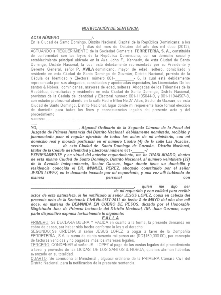 Notificación de Sentencia Civil | PDF | República Dominicana | Demanda ...