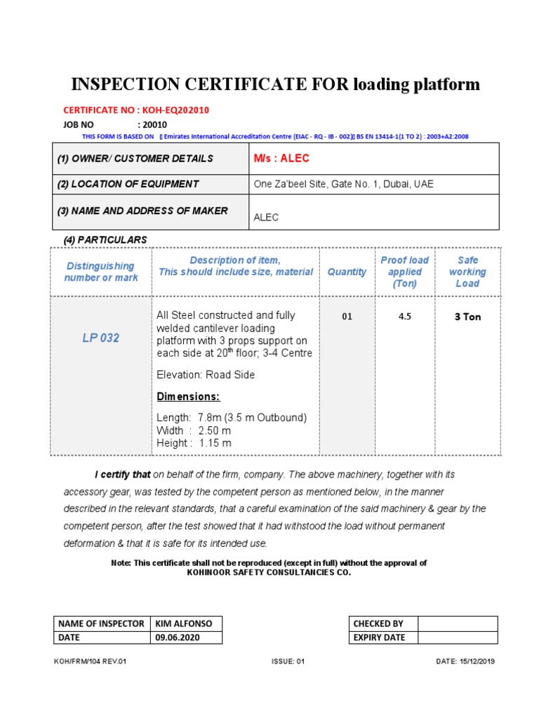 Inspection Certificate for a 3 Ton Cantilever Loading Platform at a ...