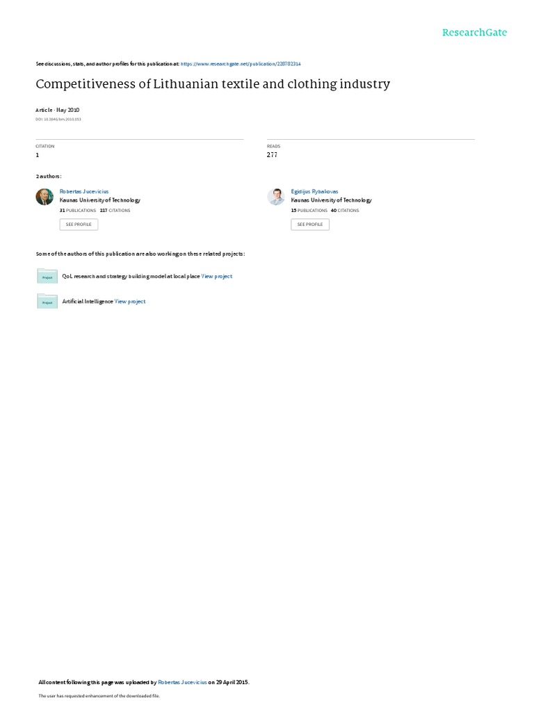 Competitiveness of Lithuanian Textile and Clothing PDF Comparative