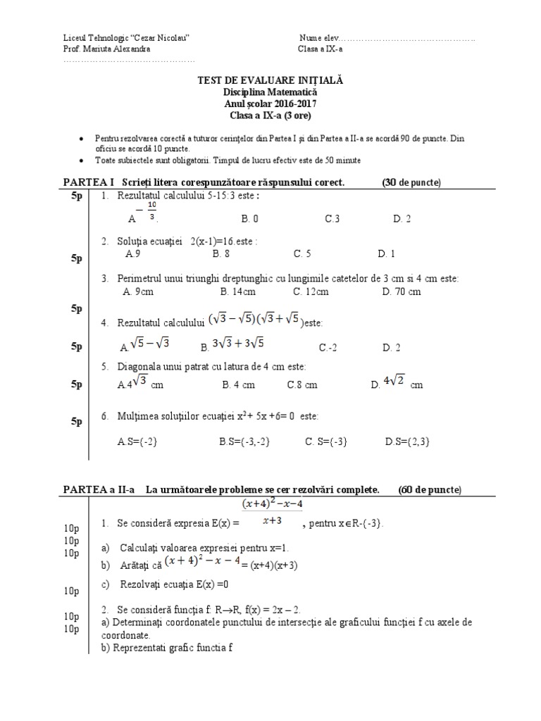 0 Test de Evaluare Initiala Clasa 9 | PDF