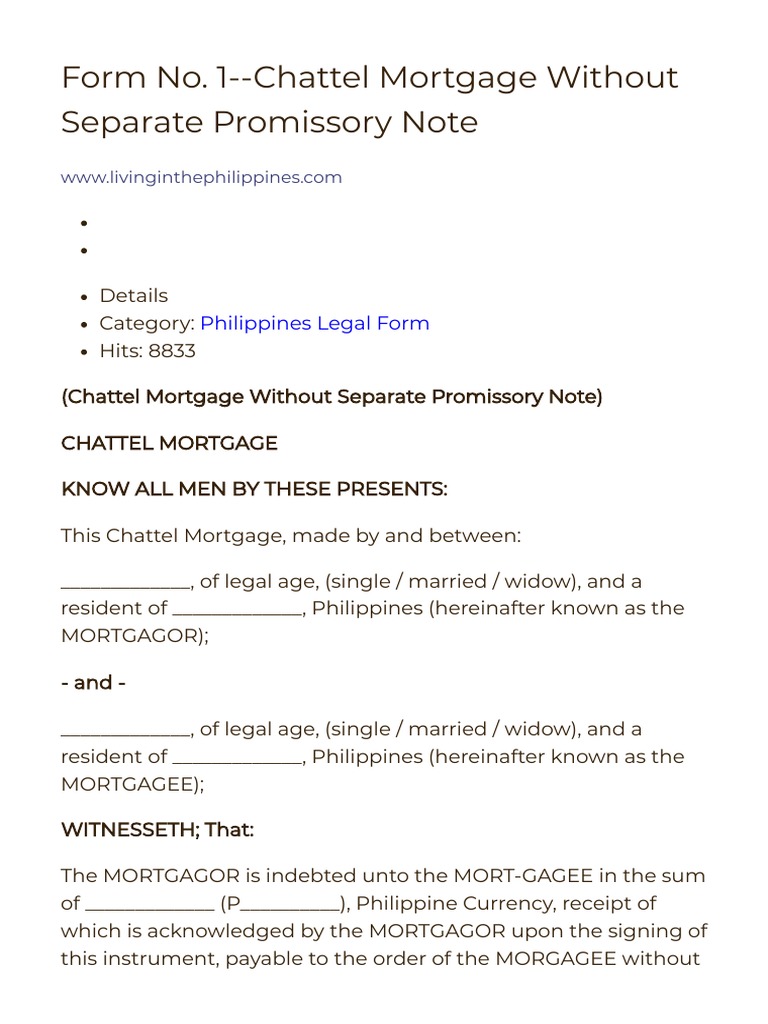 Form No. 0909 Chattel Mortgage Without Separate Promissory Note