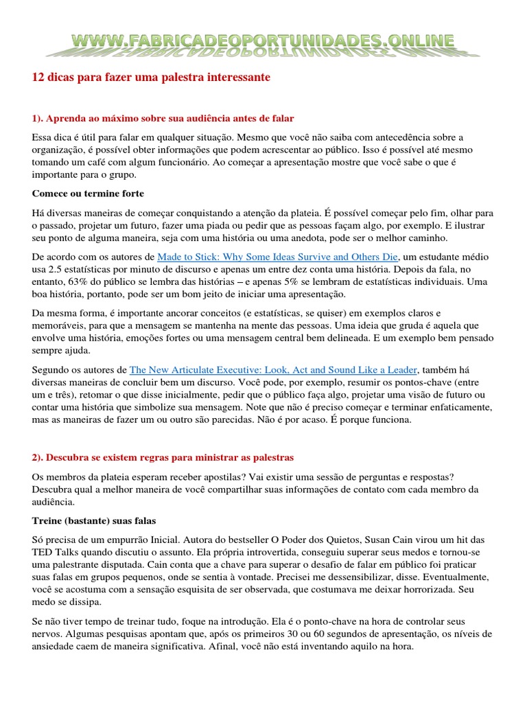 12 Dicas para Fazer Uma Palestra Interessante PDF | PDF | Tempo | Mente