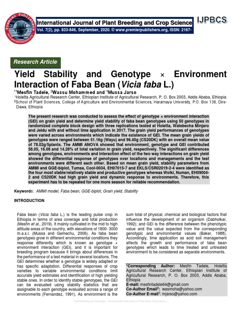 Yield Stability and Genotype × Environment Interaction of Faba Bean ...