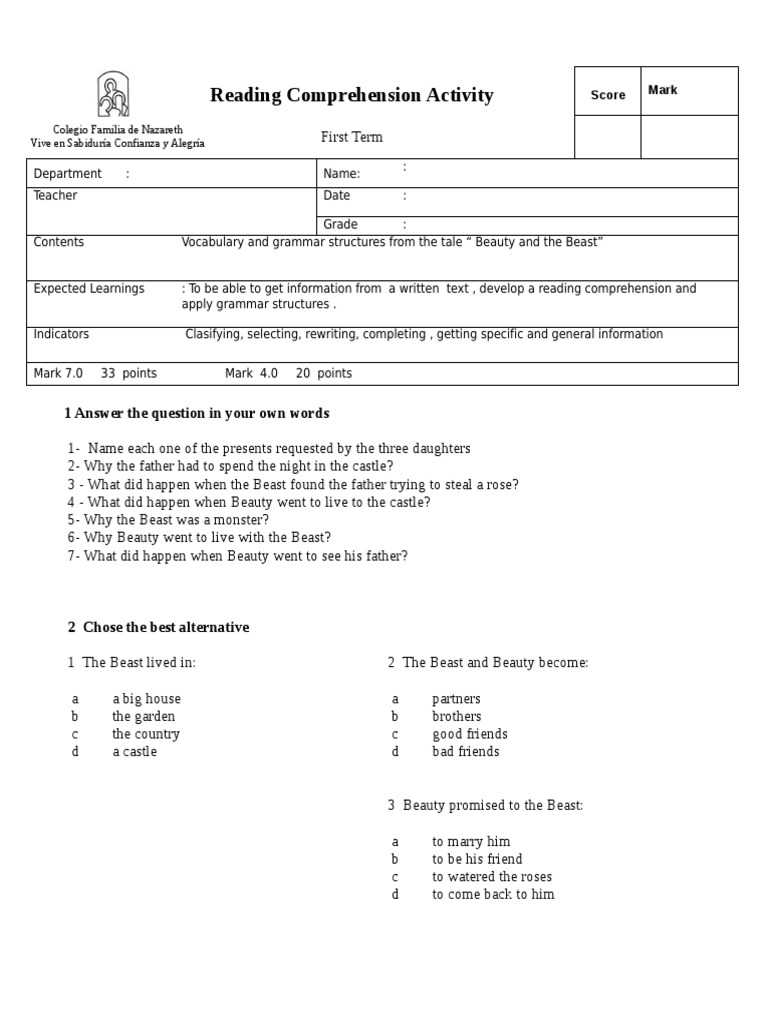 Beauty&thebeastactivity | PDF | Reading Comprehension | Beauty