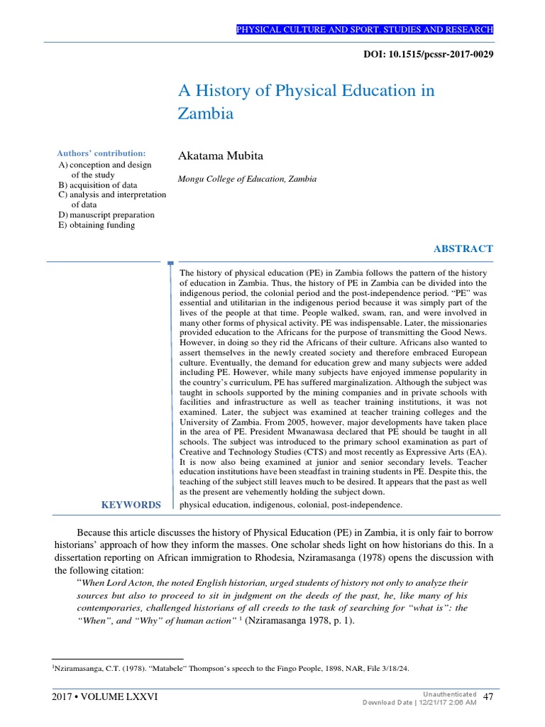 A History of Physical Education in Zambia Akatama Mubita PDF Physical Education Zambia