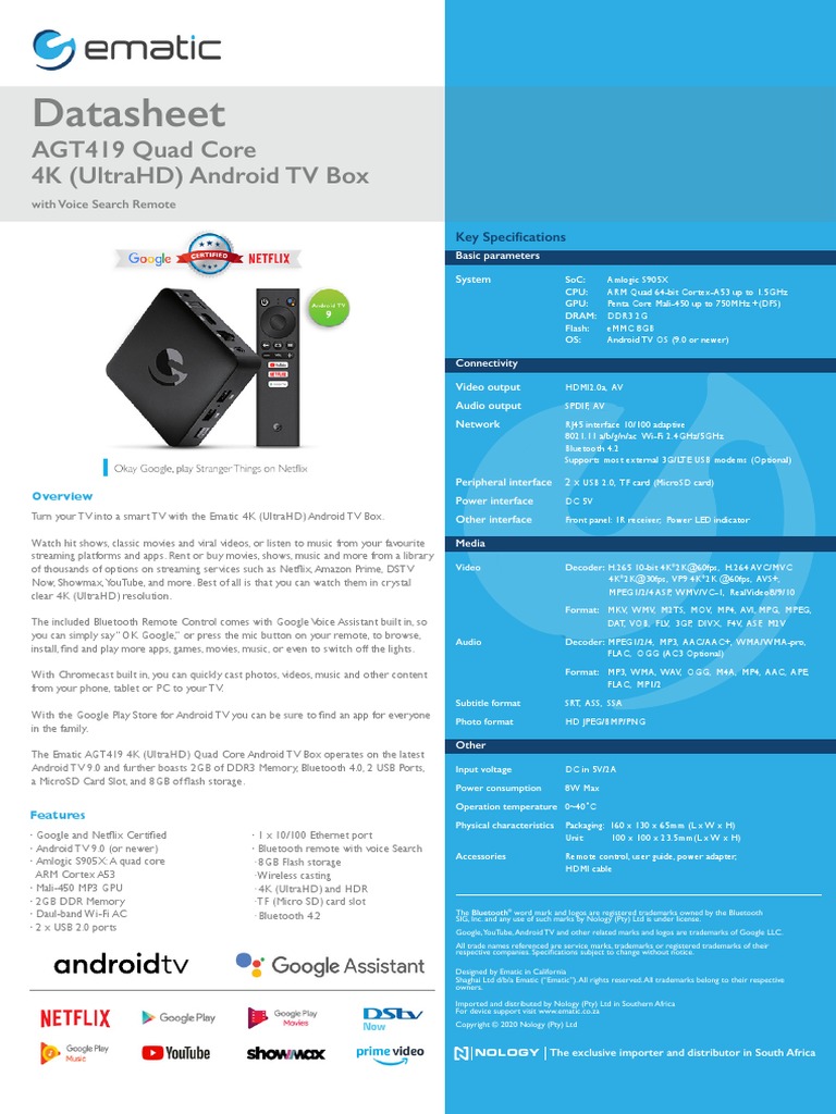 Ematic AGT419 Quad Core 4K UltraHD Android TV Box - Datasheet | PDF ...