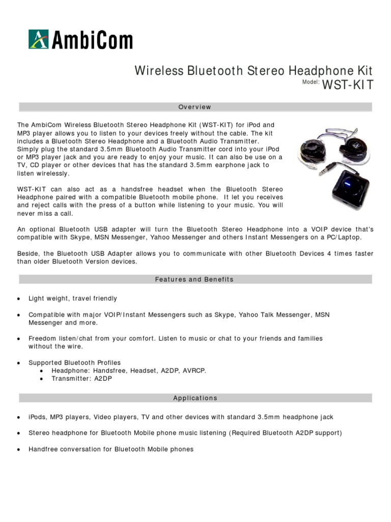 AMBICOM Wireless Bluetooth 0spec | PDF | Bluetooth | Headphones