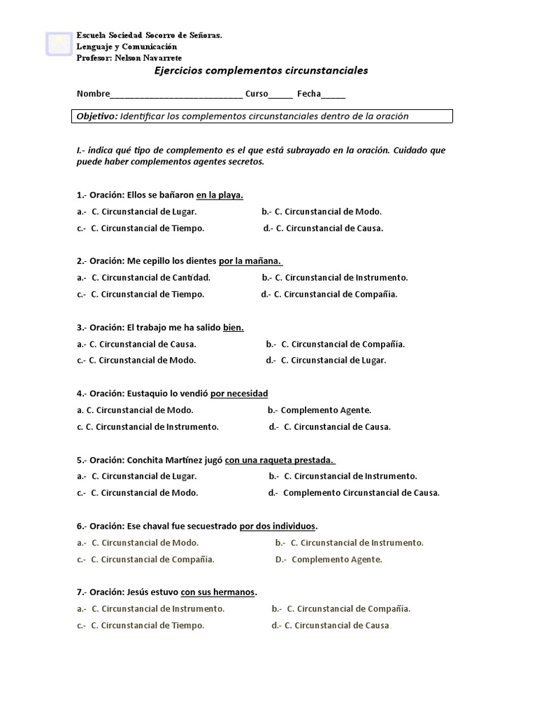 Ejercicios Complementos Circunstanciales Mañana | PDF